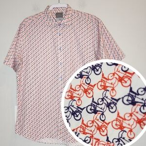 Thomas Dean Bike Printed Short Sleeve Button Shirt. Red white blue size XL